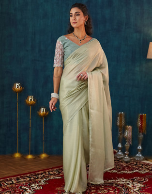 Samah Solid/Plain Bollywood Georgette Saree(Green)