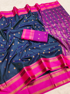 DRAVYA WOMEN Woven Banarasi Jacquard, Pure Silk Saree(Blue, Pink)