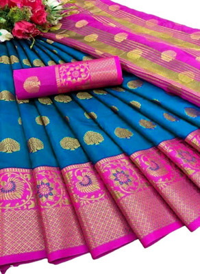 Pionex Woven Banarasi Cotton Silk Saree(Light Blue)