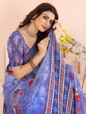 ZAMUNA Floral Print, Digital Print Daily Wear Georgette Saree(Dark Blue)