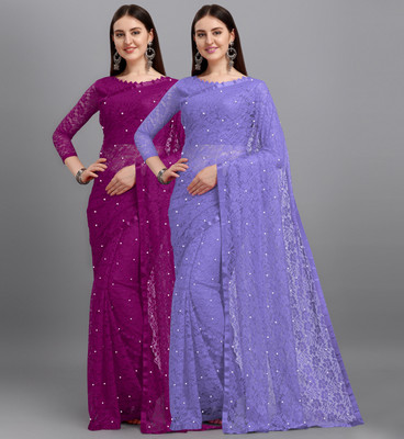 LOROFY Self Design Bollywood Net, Brasso Saree(Pack of 2, Multicolor)