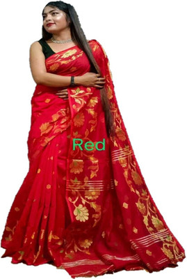 HouseOfCommon Floral Print Jamdani Cotton Silk Saree(Red)