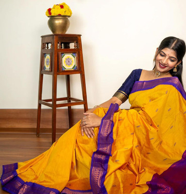 Unique Queens Embroidered Bollywood Cotton Linen Saree(Yellow)