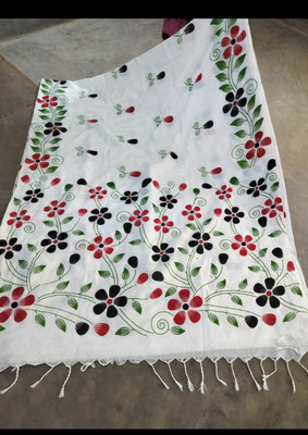 Sandhyatara Printed Handloom Cotton Blend Saree(White)