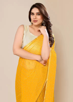 V And V Shop Solid/Plain Bollywood Chiffon Saree(Yellow)
