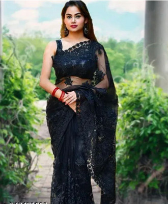 GALANI ENTERPRISE Embroidered Bollywood Net Saree(Black)