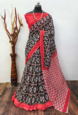 Saaransh Woven, Graphic Print, Digital Print Bollywood Linen, Cotton Linen Saree(Black)