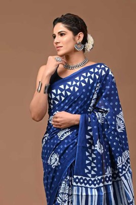 Handprinted Printed Daily Wear Cotton Blend Saree(Light Blue)