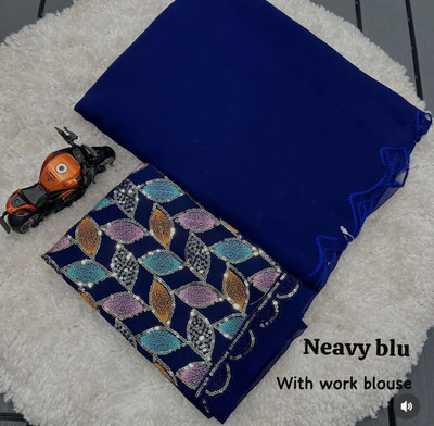 MSC TRENDLINE SAREES Self Design, Solid/Plain Bollywood Georgette Saree(Blue)