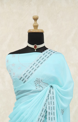 VarniRaaj Fashion Embellished, Applique Bollywood Pure Silk Saree(Light Blue)