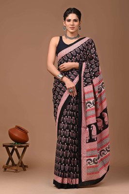 Printed Threads Printed Saree with Attached Blouse Mulmul Saree(Black)