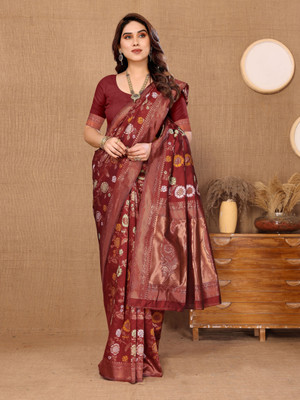 Soor Panchi Printed Banarasi Jacquard Saree(Maroon)