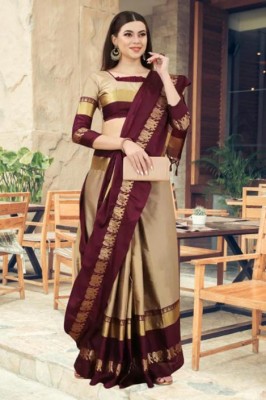 SPOTXY Woven, Self Design, Embellished Banarasi Pure Silk, Cotton Silk Saree(Beige)