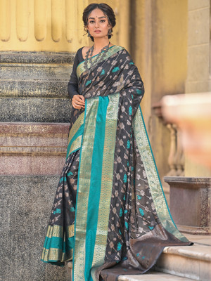 ANOUK Woven Kanjivaram Cotton Silk Saree(Black)
