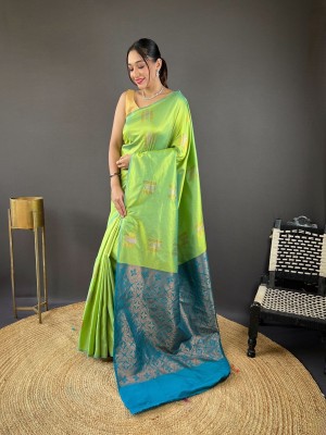 B Tex Applique Handloom Jute Silk Saree(Light Green)