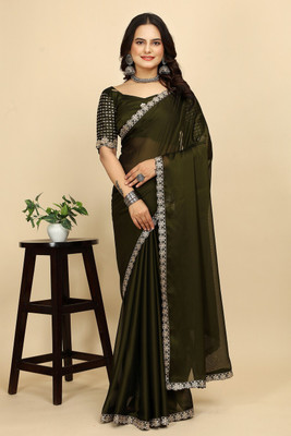 SAADHYA CREATION Embroidered, Solid/Plain Bollywood Chiffon Saree(Dark Green)