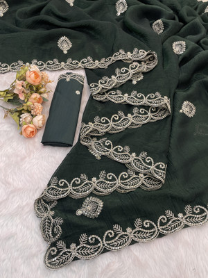BELLETRENDZ Embroidered Bollywood Jimmy choo Saree(Dark Green)