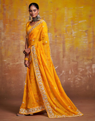 Tasrika Printed, Embroidered, Embellished Bandhani Chiffon, Georgette Saree(Yellow)