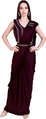 unexo Embellished Saree with Attached Blouse Lycra Saree(Maroon)