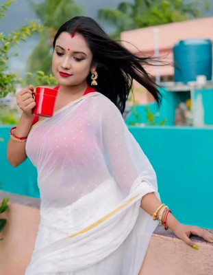 Krishna Art Polka Print Bollywood Chiffon Saree(White)