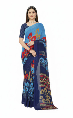 Ridhisoft Floral Print Bollywood Cotton Blend Saree(Dark Blue)