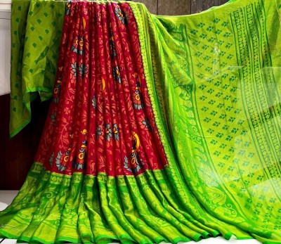Fancy Fab Printed Bollywood Brasso, Art Silk Saree(Red, Light Green)