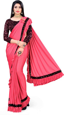HARIOM FASHION Solid/Plain Bollywood Lycra Blend Saree(Pink)