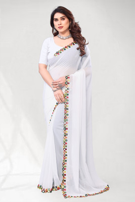 Herink Fashion Solid/Plain Bollywood Georgette Saree(White)
