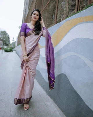 Bindi Woven, Self Design Kanjivaram Cotton Silk, Jacquard Saree(Cream)