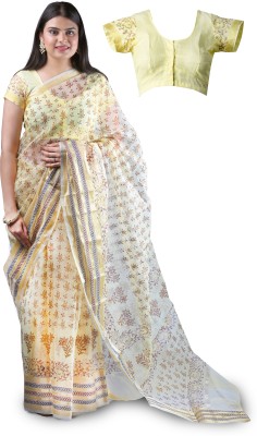 DEVBALA Self Design Kota Doria Cotton Blend Saree(Yellow)