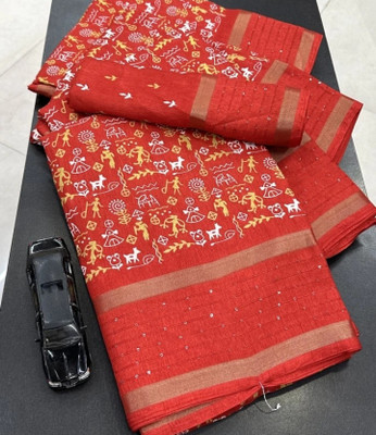 Ridham Printed Kalamkari Silk Blend Saree(Red)