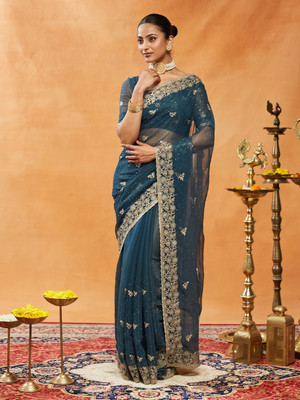 KASEE Embroidered Bollywood Chiffon Saree(Blue)