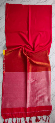 SAYAN CREATION Self Design, Temple Border Handloom Cotton Blend Saree(Red)