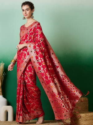 manvaa Woven Banarasi Jacquard Saree(Red)