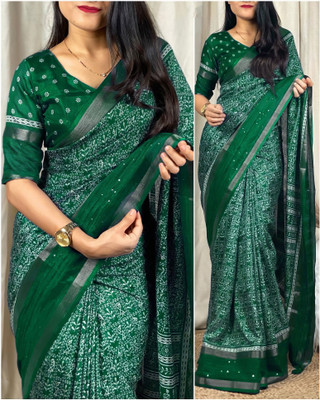 Sonika Fashions Printed Kalamkari Cotton Silk Saree(Dark Green)
