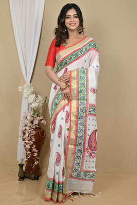 DipDiya Embellished Handloom Pure Cotton Saree(White, Red)