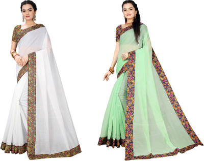 manish Solid/Plain Chanderi Cotton Blend Saree(Pack of 2, White, Light Green)