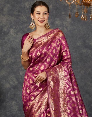 Samah Woven, Self Design Banarasi Art Silk Saree(Pink, Gold)