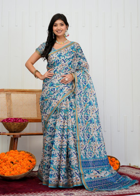 SHRIVAN FASHION Printed Bollywood Cotton Blend Saree(Light Blue)