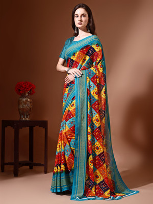 Leelavati Printed Bandhani Georgette Saree(Light Blue, Multicolor)