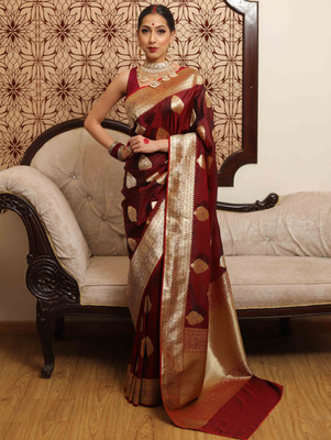 HouseOfCommon Woven Kanjivaram Pure Silk Saree(Maroon)