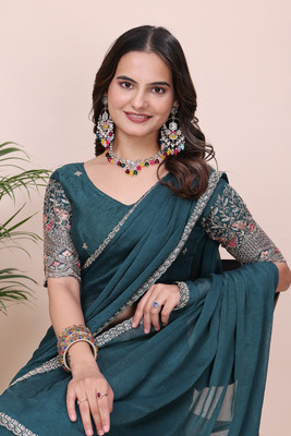 K 5 FASHION Self Design, Embroidered Bollywood Chiffon Saree(Light Blue)