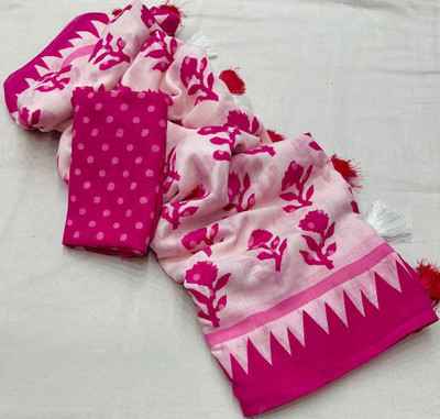 nirave fashion Floral Print, Blocked Printed, Printed, Polka Print Ikkat Cotton Linen Saree(White)