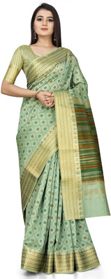 PRIYESHA TEXTILES Printed Assam Silk Cotton Blend, Art Silk Saree(Green)