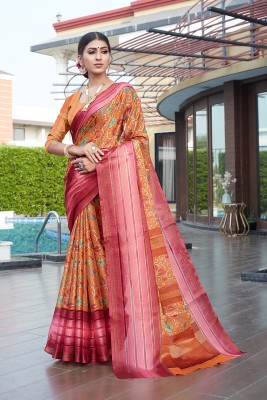 Pisara Floral Print, Digital Print, Printed Bollywood Cotton Silk Saree(Orange)