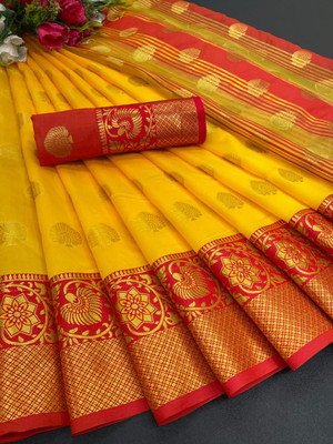 Krishna Enterprise Woven Banarasi Cotton Silk Saree(Yellow)
