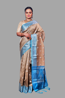 GNSARI Woven Banarasi Handloom Silk Blend Saree(Cream)