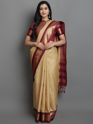 yourwish Checkered, Embellished, Self Design, Striped, Woven Mysore Cotton Silk, Jacquard Saree(Beige, Maroon, Gold)