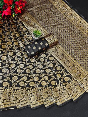 Doroly Temple Border Banarasi Silk Blend Saree(Black)