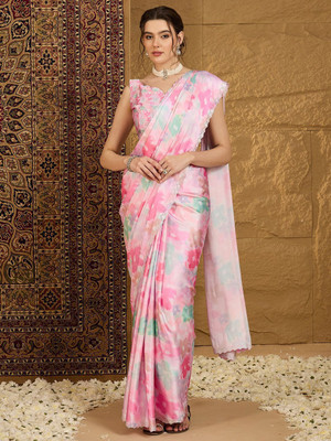 ANOUK Floral Print Bollywood Satin Saree(Pink)